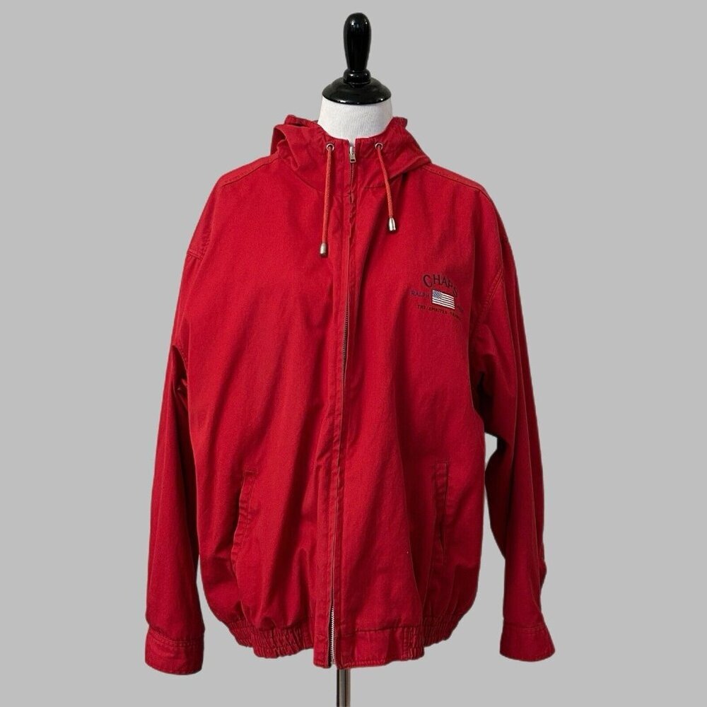 Vintage Chaps Ralph Lauren Jacket Mens Large Red Bomber Hooded Pockets Full Zip